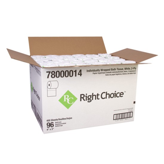 RIGHT CHOICE INDIVIDUALLY WRAPPED BATH TISSUE, WHITE, 2-PLY, 4"X3", 96 ROLLS/CASE